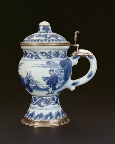 Blue and white mustard pot with cover painted with a scholar and attendant, Chongzheng, 1635-40 by Chinese School