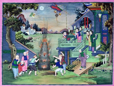 Celebration with Fireworks and Kites by Chinese School