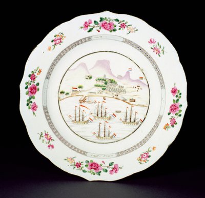 Dinner plate painted in famille rose enamels showing Table Mountain and four ships flying the Dutch flag off the Cape of Good Hope, Qianlong period c.1770 by Chinese School