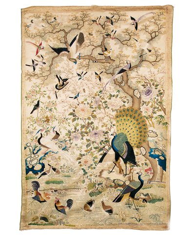 Embroidered Panel with a Pair of Peacocks and Numerous Other Birds Beneath a Gnarled Tree with Peonies and Prunus Blossom, Canton by Chinese School