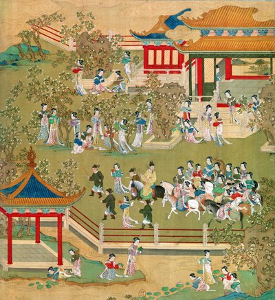 Emperor Yang Ti strolling in his gardens with his wives by Chinese School