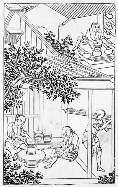 Moulding and placing on the potters wheel, from a series of illustrations on the manufacture of china by Chinese School