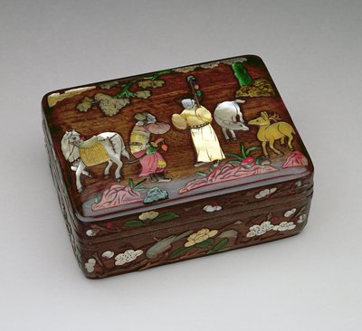 Rectangular tzu-tan box depicting an imperial messenger come to obtain the release of Su Wu by Chinese School