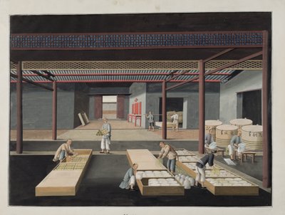 The Crating and Packing of Bowls and Dishes, plate 12 in a series of twelve depicting the process of Chinese porcelain manufacture, 19th century by Chinese School