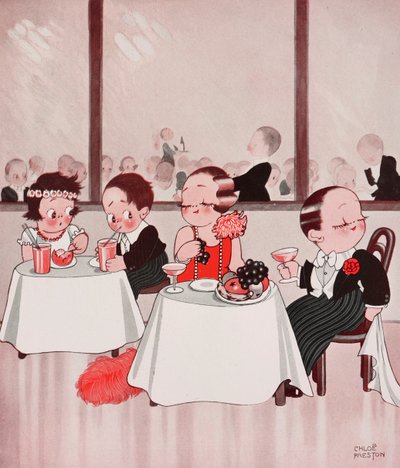 Town Mice and Country Mice, Refined citizens vs unrefined countrymen, restaurant scene, drawing by Chloe Preston from The Tatler by Chloe Preston