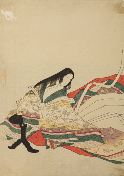 Lady of the Court Sitting in Front of a Black Table, Plate from the Album: Nishiki-zuri onna sanju rokkasen e-zukushi by Chobunsai Eishi