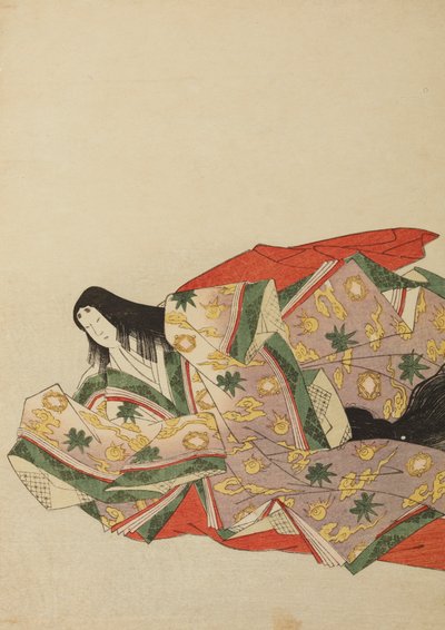 Lady of the Court Sitting in a Light Purple Robe with Green and Yellow Pattern, Plate from the Album: Nishiki-zuri onna sanju rokkasen e-zukushi by Chobunsai Eishi