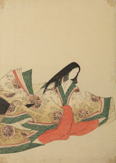 Lady of the Court Sitting, Turned Right in a Robe with Medallion Pattern, Plate from Album: Nishiki-zuri onna sanju rokkasen e-zukushi by Chobunsai Eishi