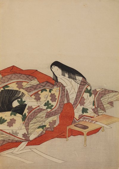 Court Lady with a Brush at the Table, Plate from the Album: Thirty-Six Female Poets by Chobunsai Eishi