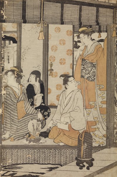 Two Women, a Young Man, and a Girl in a House Interior by Chobunsai Eishi