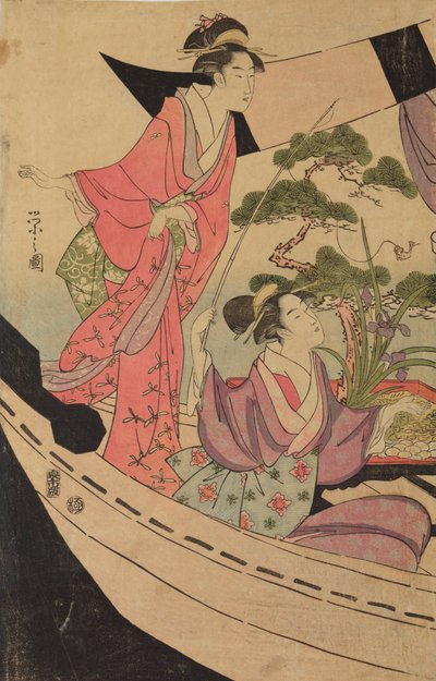 Two Women in a Boat with a Caught Fish on a Rod by Chobunsai Eishi
