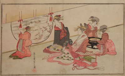Courtesans Sitting Inside by an Oval Window with a Winter Landscape by Chobunsai Eishi