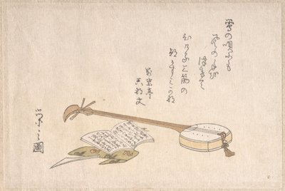 Shamisen, Plectrum and a Book by Chobunsai Eishi