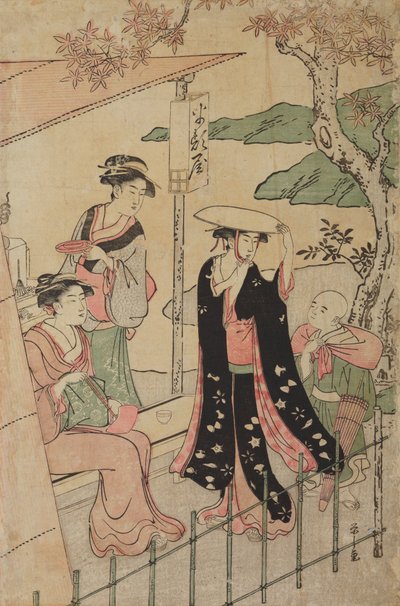 Three Women and a Boy in Front of a Roadside Teahouse by Chobunsai Eishi