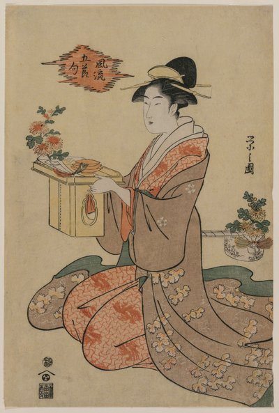 Woman Holding a Wooden Cup Stand Decorated with Chrysanthemums, mid 1790s by Chobunsai Eishi