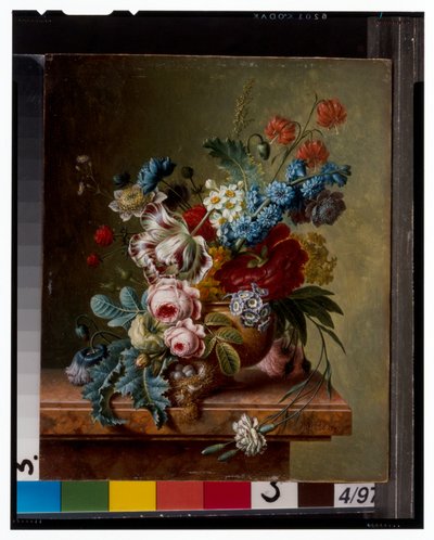 A Vase of Flowers on a Marble Ledge & A Basket of Flowers with a Goldfinch by Christiaan van Pol