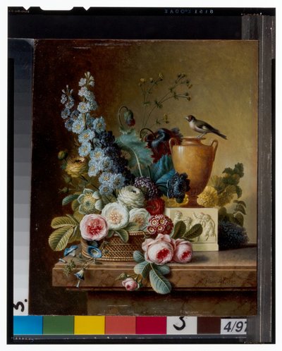 A Vase of Flowers on a Marble Ledge & A Basket of Flowers with a Goldfinch by Christiaan van Pol