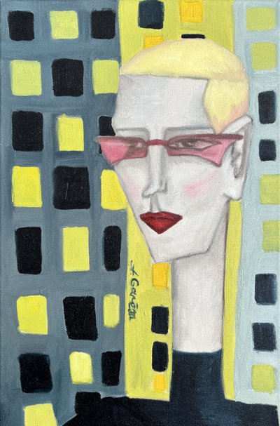 Blonde Woman Pink Glasses by Christina Misuro
