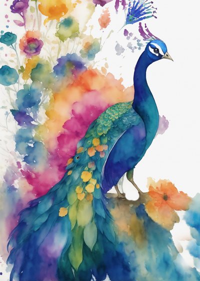 Vibrant Watercolor Peacock by Christine Lindstrom