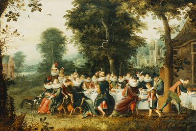 Elegant Figures Seated at a Banquet Table in a Wooded Clearing by Christoffel Jacobsz van der Lamen