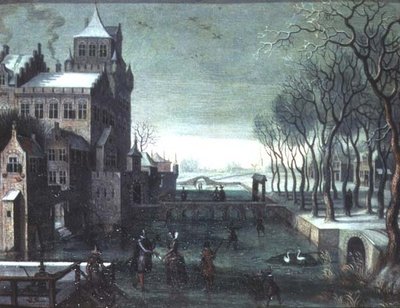 A Winter Landscape with Figures Skating by a Moated Castle by Christoffel van den (circle of) Berghe