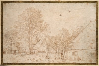 Thatched buildings, almost bare trees and a flock of geese by Kosma Sergejewitsch Petrow Wodkin