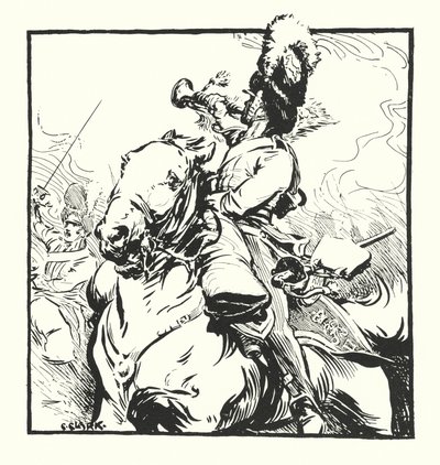 Bugler of the Scots Greys, drawing for an advertisement for Major Drapkin & Co