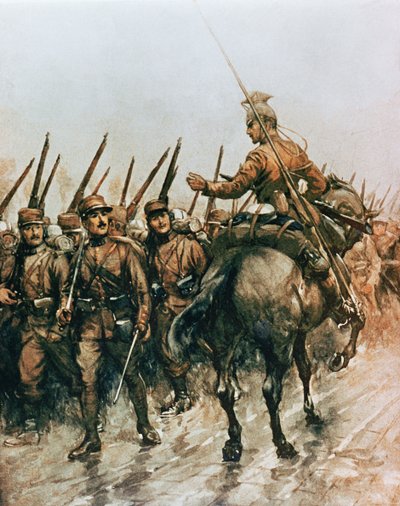 Lancer of the Belgian Guides Corps passing French infantry marching to the front in 1914 by Christopher (after) Clark