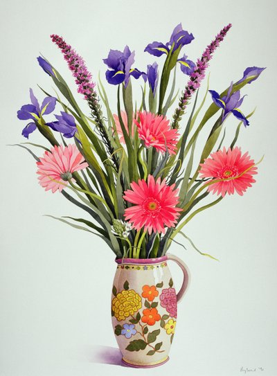 Irises and Gerbera in a Dutch Jug by Christopher Ryland