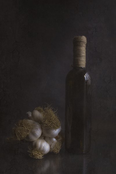 Rustic Garlic and Bottle by Cicek Kiral