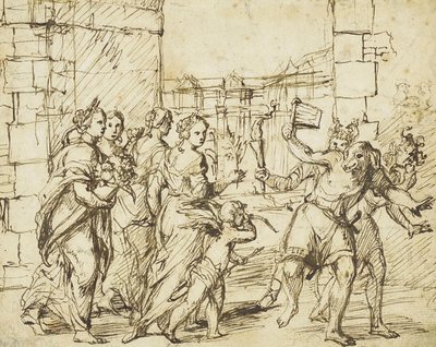 The Lupercalian Festival in Rome: Cupid and Personifications of Fertility Encounter the Luperci Dressed as Dogs and Goats by Circle of Adam Elsheimer