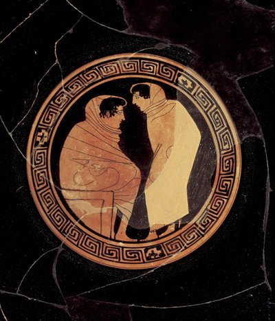 Attic red-figure kylix depicting a conversation between two male figures, c.450 BC (detail) by Circle of the Penthesilia Painter attr. to Circle of the Penthesilia Painter attr. to