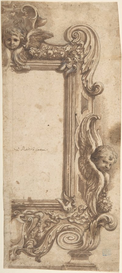 Design for a Half Frame Decorated with Angels, Volutes and Garlands by Ciro Ferri.