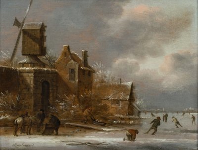A Winter Landscape with Skaters on a Frozen River Outside a Village by Claes (1630 76) Molenaer