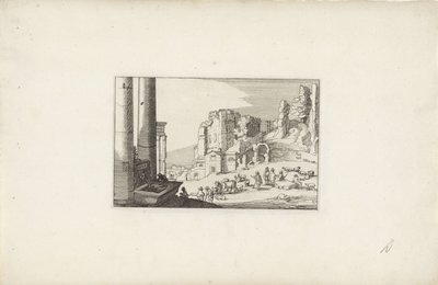 Hilly landscape with a fountain and shepherds (Italian landscapes with ruins, Variae antiquitates Romanae) by Claes Jansz. Visscher (II)