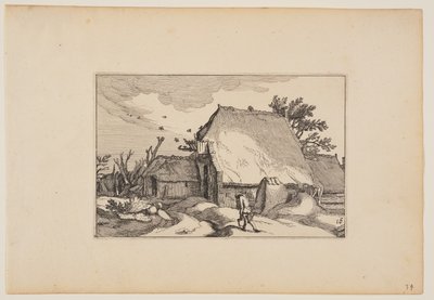 A Farm, Man with Two Buckets on Path in Front, from Landscapes by Claes Jansz. Visscher