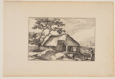 Barn, Herd Resting on his Stick in Right Foreground, from Landscapes by Claes Jansz. Visscher