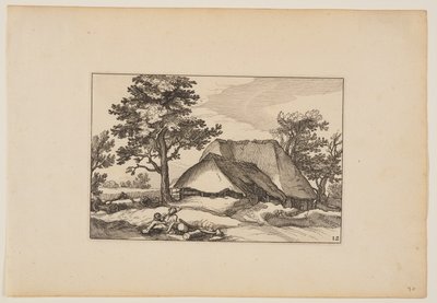 Barns, Resting Herd and Dog in Centre Foreground, from Landscapes by Claes Jansz. Visscher