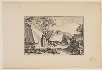 Barns, Woman and Dog in Right Foreground, from Landscapes by Claes Jansz. Visscher