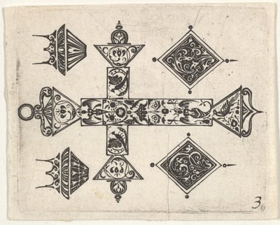 Blackwork Print with a Latin Cross and Four Motifs by Claes Jansz Visscher