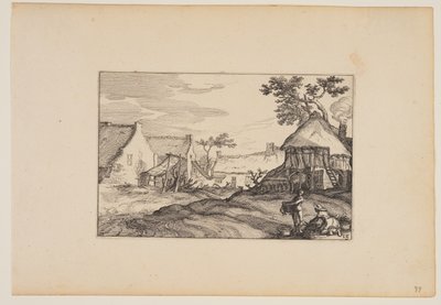 Farmyard Young Man and Woman in Foreground, from Landscapes by Claes Jansz. Visscher