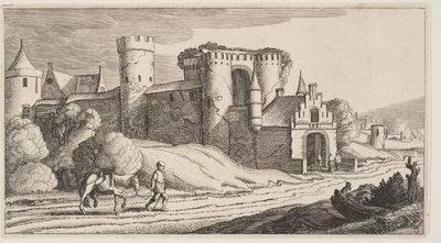 A Peasant with a Horse on a Road Near City Walls, from Landscapes (Playsante Lantschappen) by Claes Jansz. Visscher II