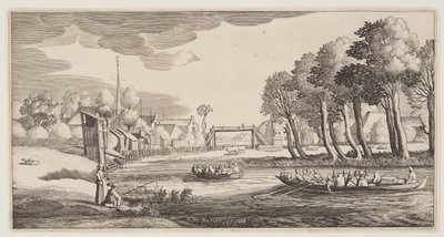 Travellers in Row-Boats approaching a Village, from Landscapes (Playsante Lantschappen) by Claes Jansz. Visscher II