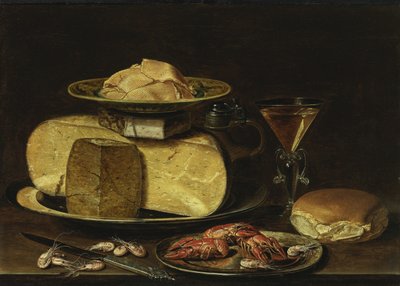 Still Life with Cheeses, Glass à la façon de Venise and Crayfish on a Pewter Plate by Charlotte Evans