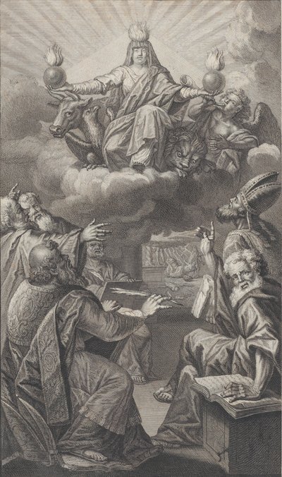 Allegorical Figure Appearing on Clouds Overhead While a Group of Men Gathered Below Look Up by Claude Augustin Duflos
