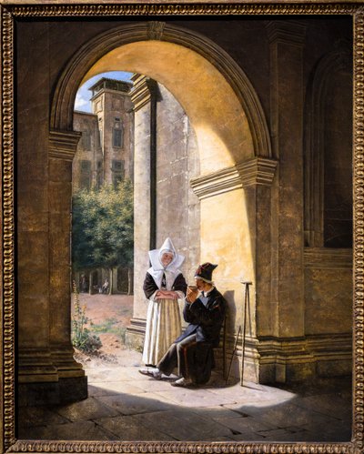 A soldier cared for by a nun in a cloister by Claude Jacquand