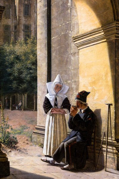 A soldier cared for by a nun in a cloister by Claude Jacquand