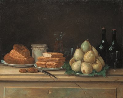 Pears and Bread on Plates, with Bottles of Wine and Glasses on a Stone Ledge by Claude Joseph Fraichot