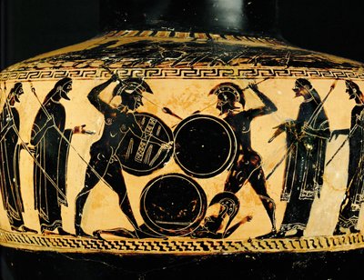 Combat Scene. A Wounded or Dead Hoplite Lies on the Ground. Black-Figured Hydria by Cleimachos Cleimachos