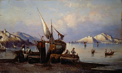 Fishermen in Nerano with Capri island in background by Consalvo Carelli